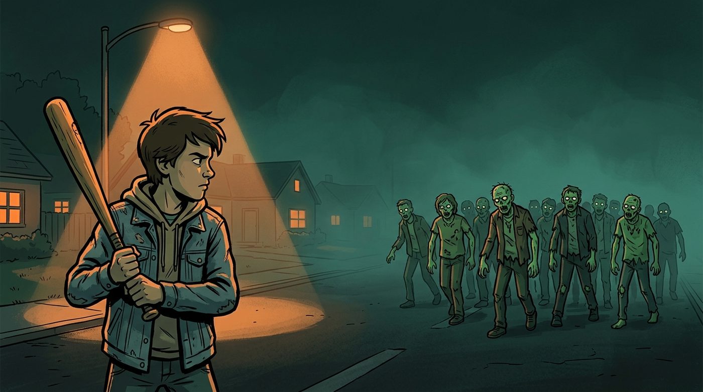 Survivors on a night street facing a zombie horde